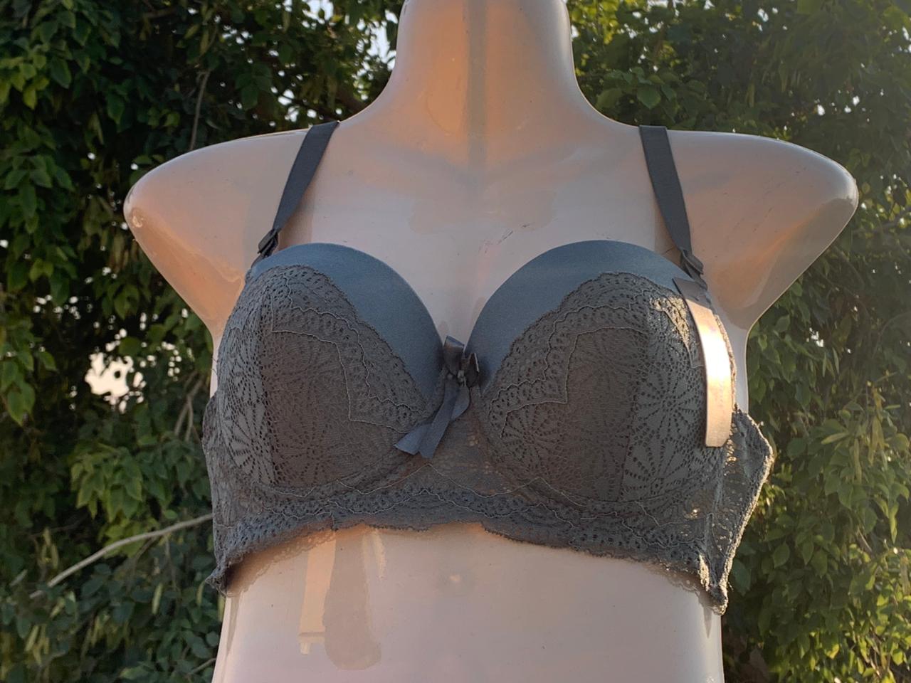 Padded Lace Bra – Full Support, Adjustable Straps (Grey) + Free Gift