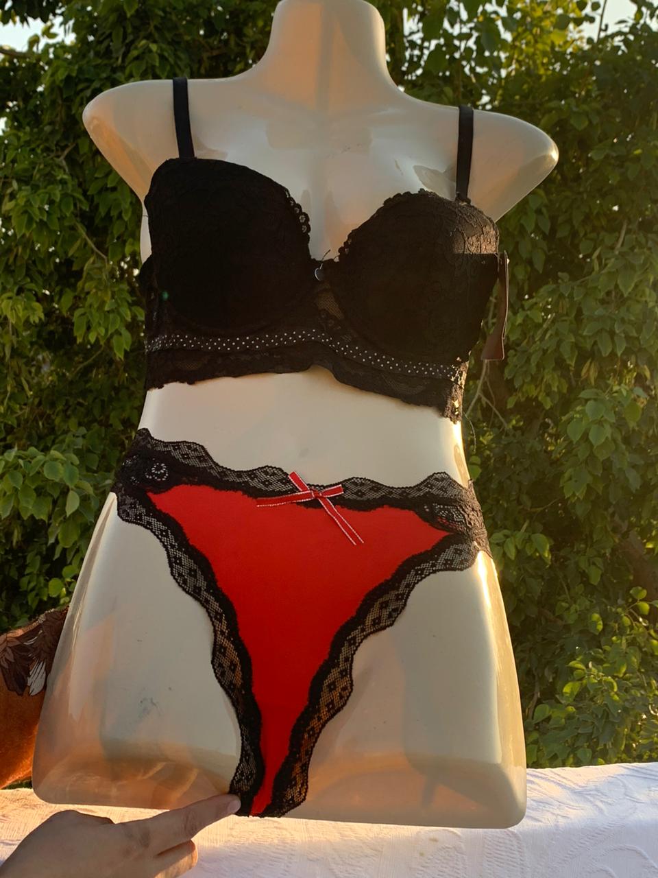 2-Piece Lace Lingerie Set – Black Lace Bra & Red Lace Panty (Bridal Collection)